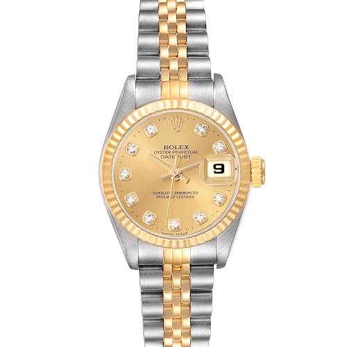 The Rolex Datejust 69173 Women's Steel and Gold (two tone) Champagne Dial 69173 Women's Steel and Gold (two tone) Champagne Dial watch is shown from a front angle, displaying its dial, bezel, crown, and Jubilee bracelet.