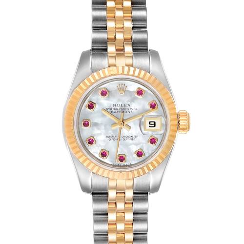 The image shows a front view of a Rolex Datejust 179173 Women's Steel and Gold (two tone) Mother of Pearl Dial 179173 Women's Steel and Gold (two tone) Mother of Pearl Dial watch with a fluted bezel, mother-of-pearl dial, and two-tone bracelet.