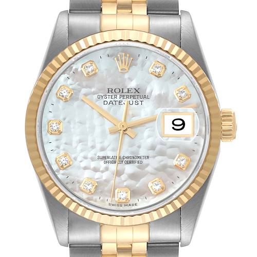 The image shows a Rolex Datejust 16233 Men's Steel and Gold (two tone) Mother of Pearl Dial 16233 Men's Steel and Gold (two tone) Mother of Pearl Dial watch from a front angle, highlighting its dial, bezel, and part of the bracelet.