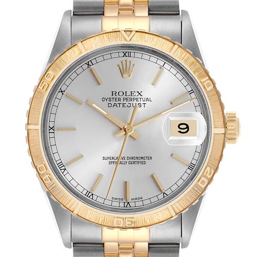 The Rolex Turn-o-Graph 16253 Men's Steel and Gold (two tone) Silver Dial 16253 Men's Steel and Gold (two tone) Silver Dial watch is shown from a front view, displaying the dial, gold bezel, crown, and two-tone bracelet.