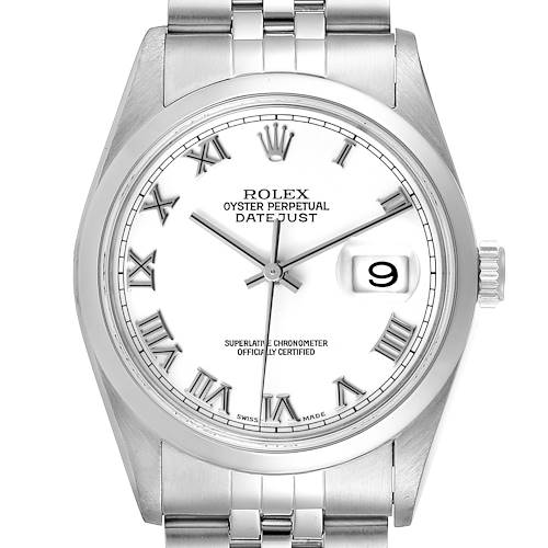 This image shows a frontal view of a Rolex Datejust 16200 Men's Stainless Steel White Dial 16200 Men's Stainless Steel White Dial watch, highlighting the dial, Roman numerals, date window, and part of the bracelet.