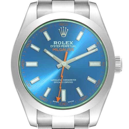 The image shows a frontal view of a Rolex Milgauss 116400GV Men's Stainless Steel Blue Dial 116400GV Men's Stainless Steel Blue Dial watch, highlighting its blue dial, lightning bolt-shaped seconds hand, and stainless steel case.