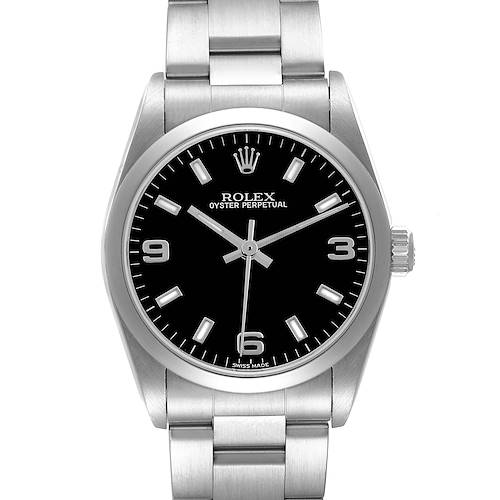 The Rolex Oyster Perpetual Mid-Size watch is shown from a front angle, displaying its face, bezel, and part of the bracelet.