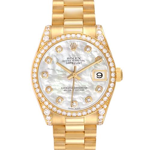 This Rolex Mid-Size Datejust watch is shown from the front, highlighting its bezel, dial, and bracelet.