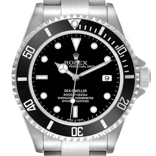 The Rolex Sea-Dweller 16600 Men's Stainless Steel Black Dial 16600 Men's Stainless Steel Black Dial watch is shown from a front angle, highlighting the dial, bezel, and crown.