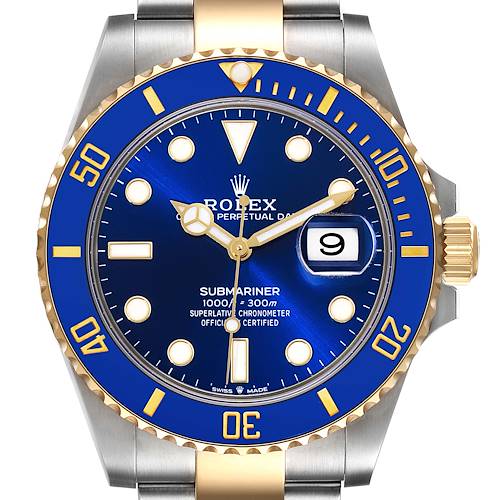 This image shows a front view of a Rolex Submariner 126613 Men's Steel and Gold (two tone) Blue Dial 126613 Men's Steel and Gold (two tone) Blue Dial watch, highlighting the blue dial, date window, and two-tone steel and gold bezel.
