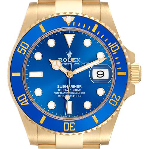 The image shows a frontal view of a Rolex Submariner 126618LB Men's Yellow Gold Blue Dial 126618LB Men's Yellow Gold Blue Dial, highlighting the blue dial, bezel, hands, and date window.