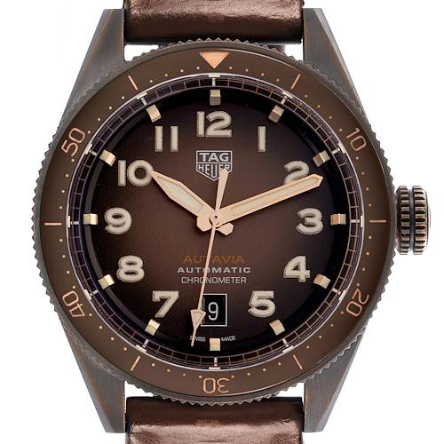 The image shows a frontal view of the Tag Heuer Autavia WBE5191.FC8276 Men's Bronze Brown Dial WBE5191.FC8276 Men's Bronze Brown Dial watch, highlighting its bezel, dial, hands, and crown.
