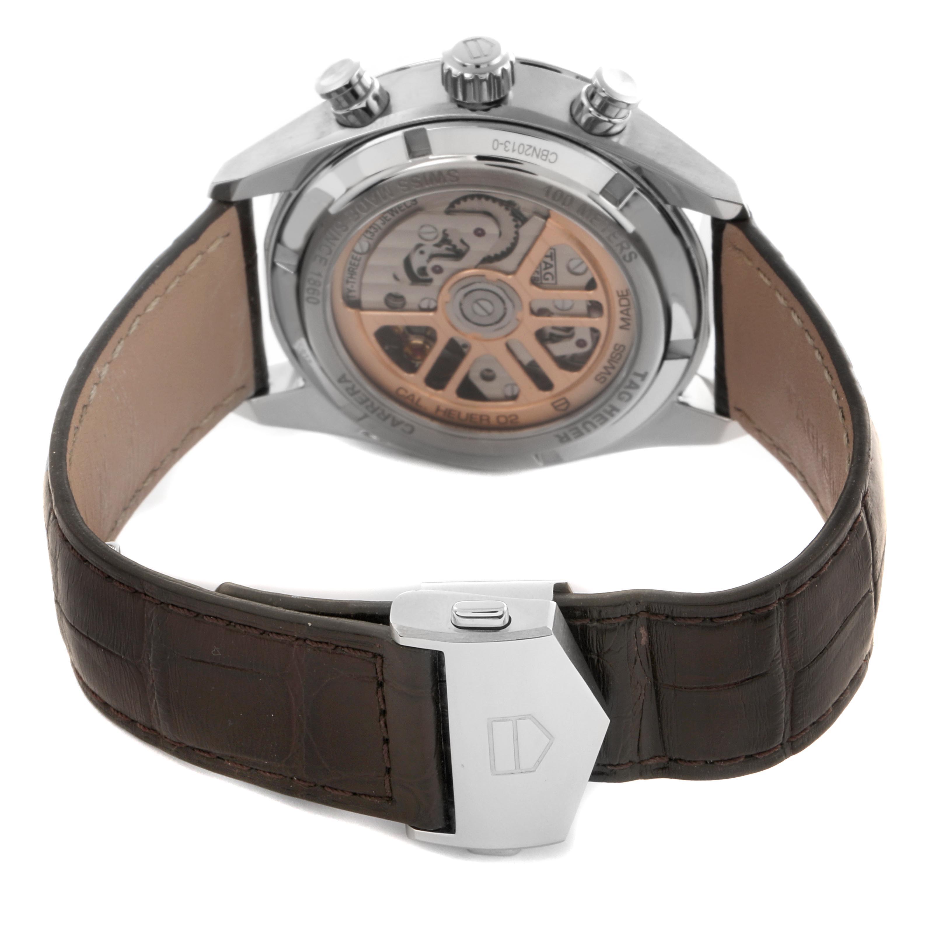 The Tag Heuer Carrera CBN2013-0 Men's Stainless Steel Silver Dial CBN2013-0 Men's Stainless Steel Silver Dial watch is shown from the back, highlighting the movement, case back, and clasp.