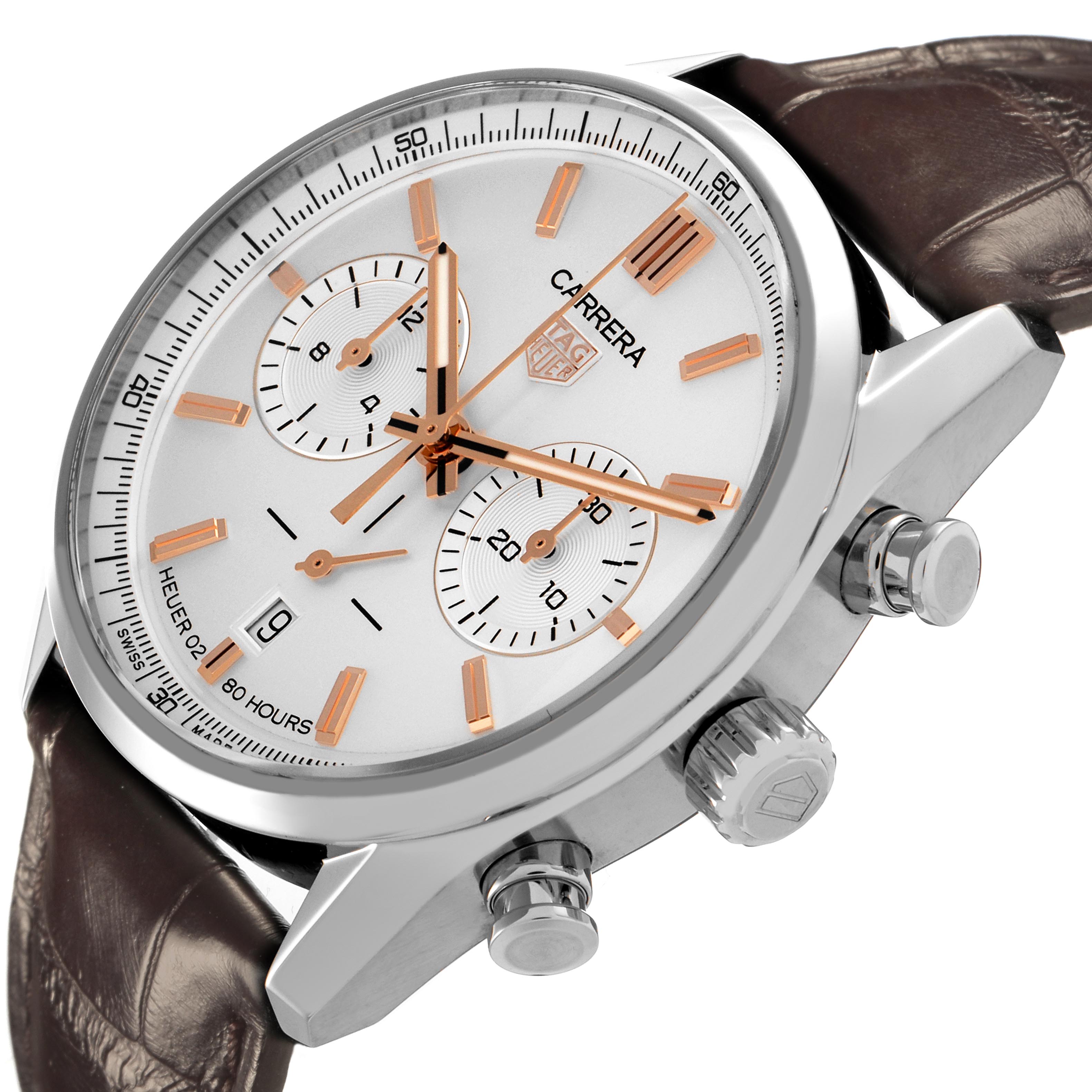 The Tag Heuer Carrera CBN2013-0 Men's Stainless Steel Silver Dial CBN2013-0 Men's Stainless Steel Silver Dial watch is shown at a slight angle, highlighting the dial, subdials, crown, and pushers.