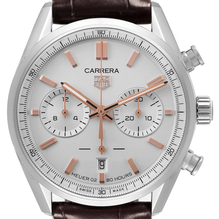 The Tag Heuer Carrera CBN2013-0 Men's Stainless Steel Silver Dial CBN2013-0 Men's Stainless Steel Silver Dial watch is shown from a frontal angle, displaying the dial, subdials, hands, crown, and pushers.