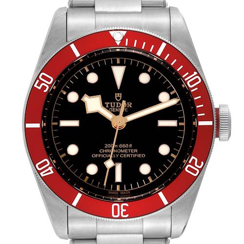 The image shows a front view of a Tudor Heritage Black Bay 79230R Men's Stainless Steel Black Dial 79230R Men's Stainless Steel Black Dial watch, highlighting its dial, bezel, and part of the bracelet.