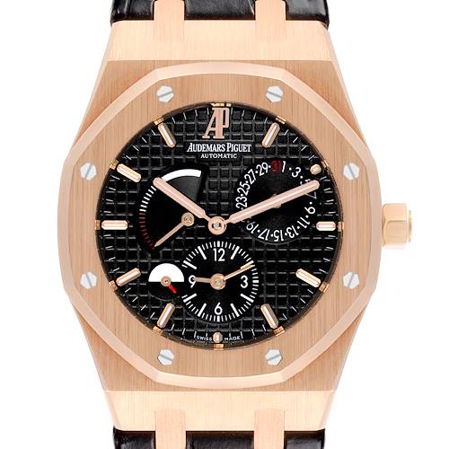 The Audemars Piguet Royal Oak 26120OR.OO.D088CR.01 Men's Rose Gold Black Dial 26120OR.OO.D088CR.01 Men's Rose Gold Black Dial watch is shown from the front, highlighting its dial, case, and leather strap attachment.