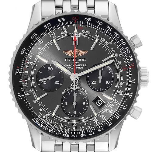 The image shows the face and bezel of the Breitling Navitimer AB0121 Men's Stainless Steel Grey Dial AB0121 Men's Stainless Steel Grey Dial Limited Series model watch from a front angle.