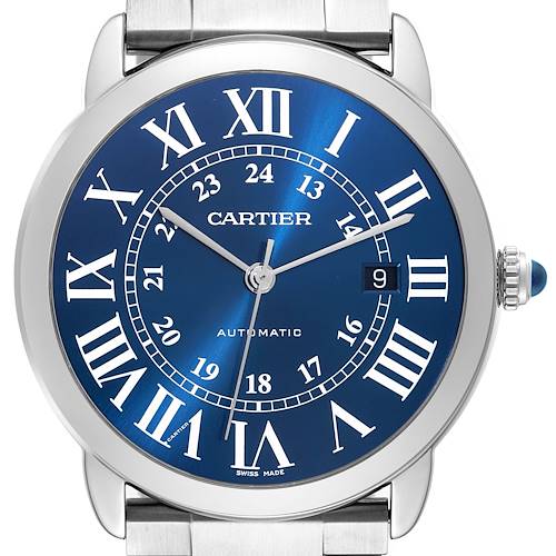 The image shows a front view of the Cartier Ronde WSRN0023 Men's Stainless Steel Blue Dial WSRN0023 Men's Stainless Steel Blue Dial watch, highlighting its blue dial, Roman numerals, and metal strap.