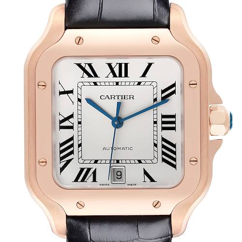 This image shows the front view of a Cartier Santos WGSA0019 Men's Rose Gold Silver Dial WGSA0019 Men's Rose Gold Silver Dial watch, highlighting the dial, bezel, and crown.