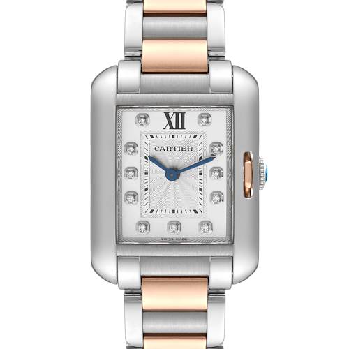 This image shows a front view of a Cartier Tank Anglaise WT100024 Women's Steel and Gold (two tone) Silver Dial WT100024 Women's Steel and Gold (two tone) Silver Dial watch, highlighting its silver and rose gold bracelet and rectangular face.