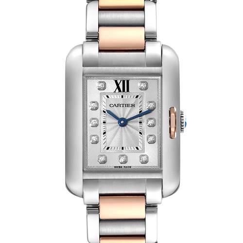 This is a front view of the Cartier Tank Anglaise WT100024 Women's Steel and Gold (two tone) Silver Dial WT100024 Women's Steel and Gold (two tone) Silver Dial watch, showing the face, case, and part of the metal bracelet.