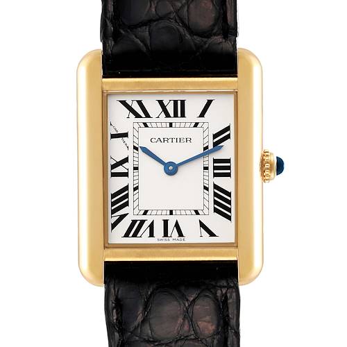 Front view of the Cartier Tank Solo W1018755 Women's Yellow Gold Silver Dial W1018755 Women's Yellow Gold Silver Dial, showing the face with Roman numerals, blue hands, and part of the black leather strap.
