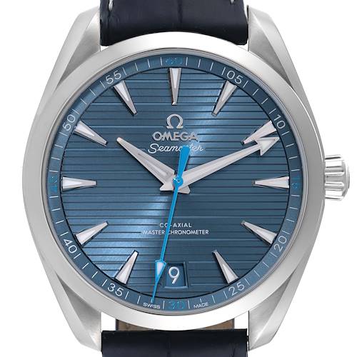 The Omega Aqua Terra 220.13.41.21.03.002 Men's Stainless Steel Blue Dial 220.13.41.21.03.002 Men's Stainless Steel Blue Dial watch is shown from the front, focusing on the dial, hands, and part of its crown and case.
