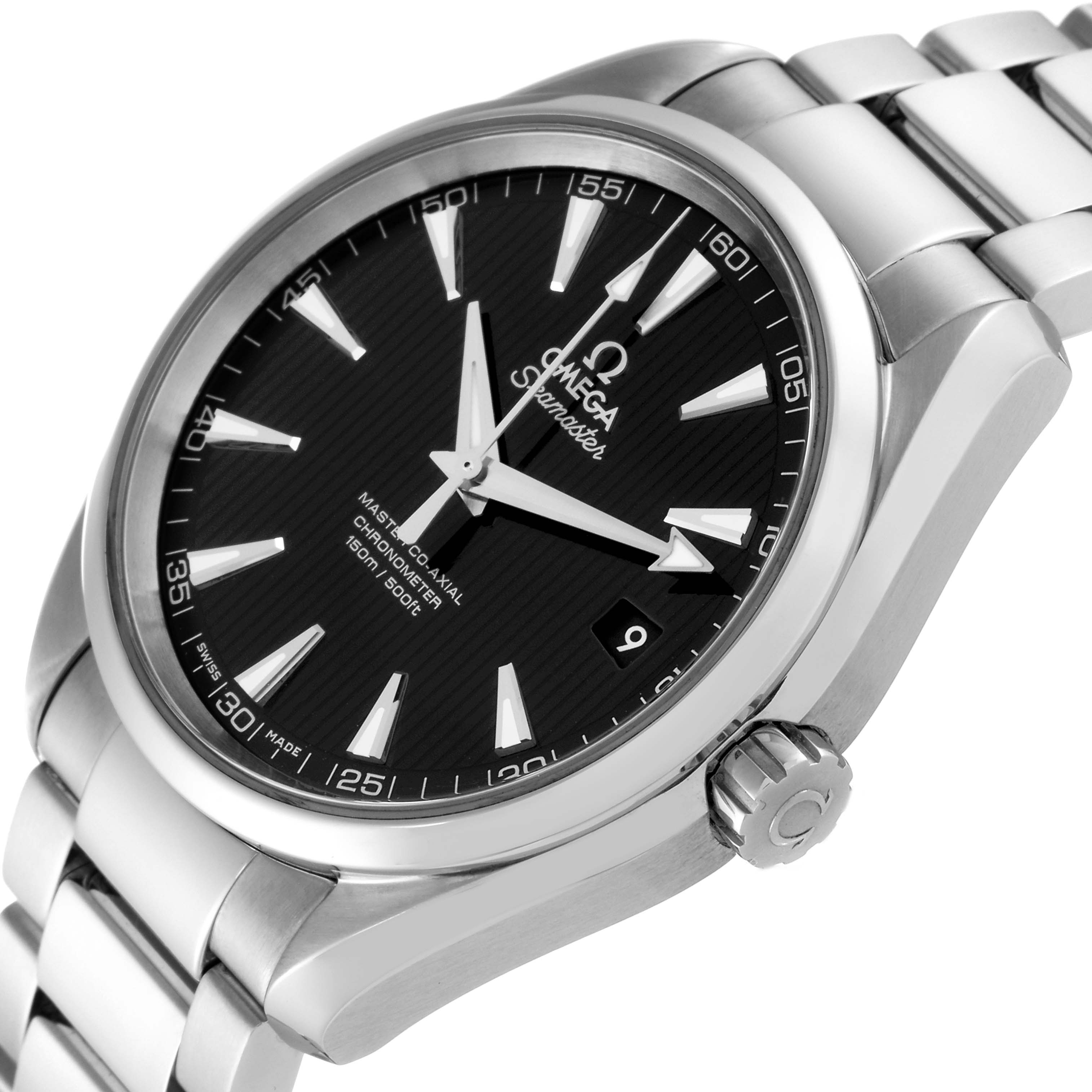 This image shows the Omega Aqua Terra 231.10.42.21.01.003 Men's Stainless Steel Black Dial 231.10.42.21.01.003 Men's Stainless Steel Black Dial watch at an angled close-up, highlighting the dial, crown, and bracelet.