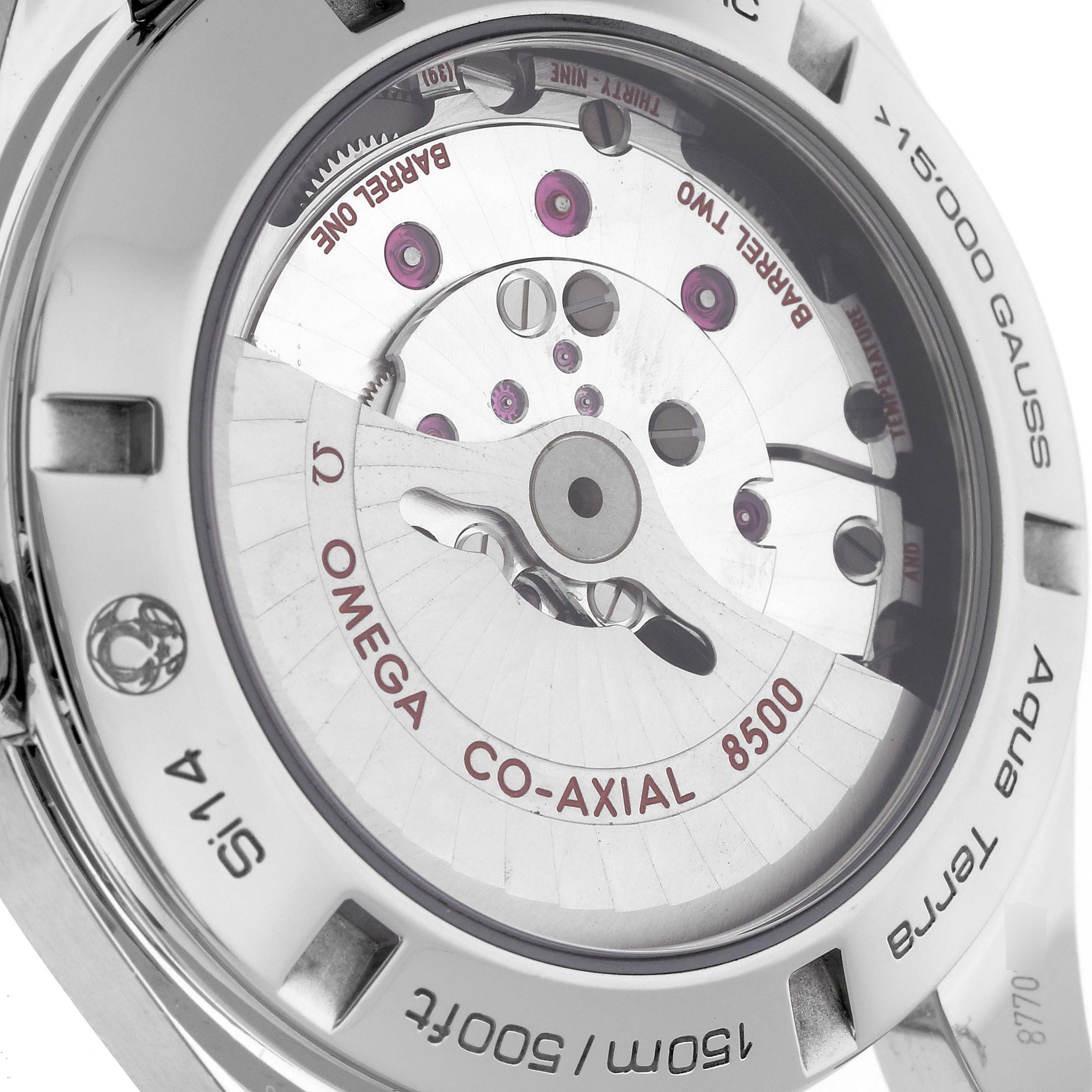 The image shows the case back of an Omega Aqua Terra 231.10.42.21.01.003 Men's Stainless Steel Black Dial 231.10.42.21.01.003 Men's Stainless Steel Black Dial watch, revealing the Co-Axial 8500 movement.