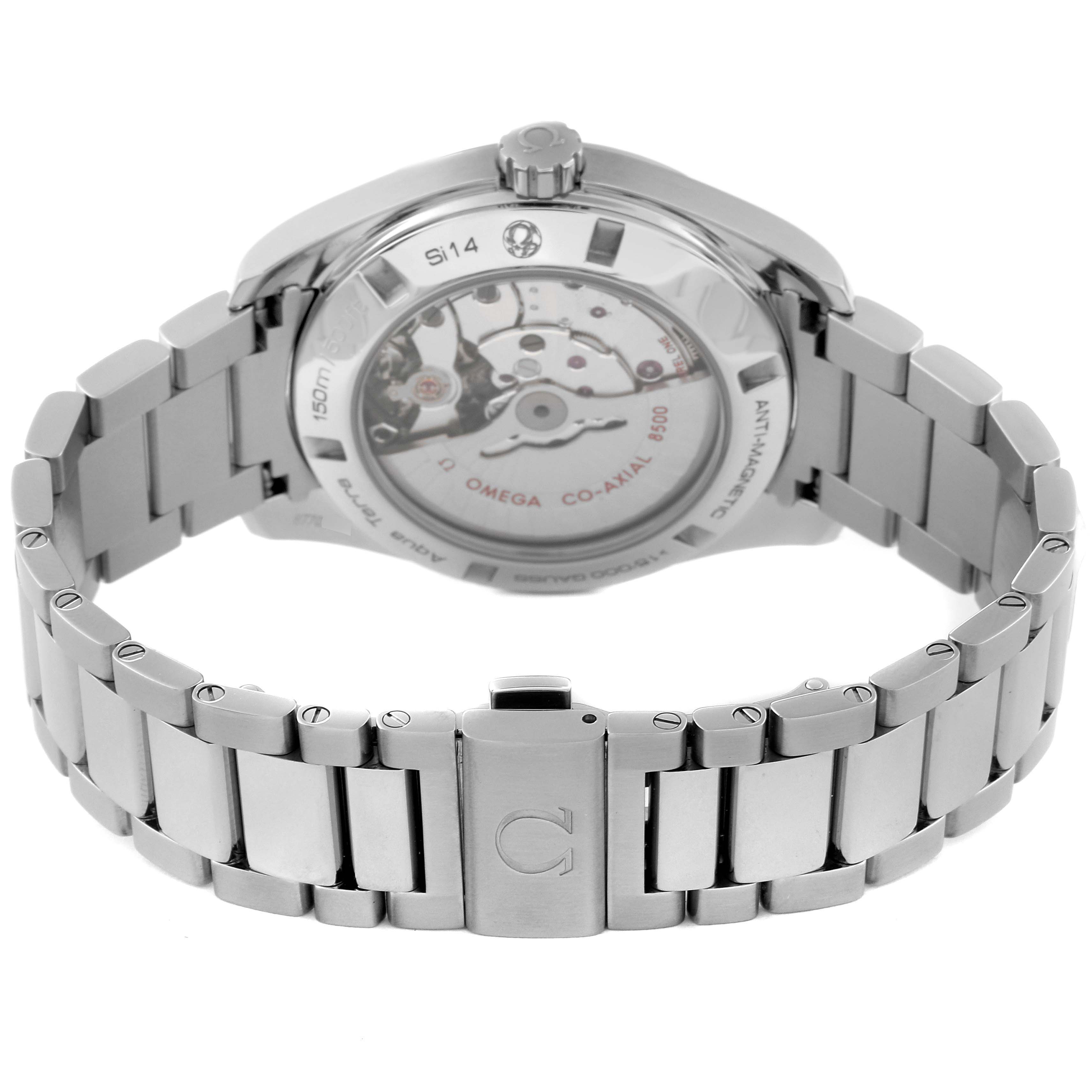 This image shows the back view of the Omega Aqua Terra 231.10.42.21.01.003 Men's Stainless Steel Black Dial 231.10.42.21.01.003 Men's Stainless Steel Black Dial watch, highlighting its mechanism and metal bracelet.