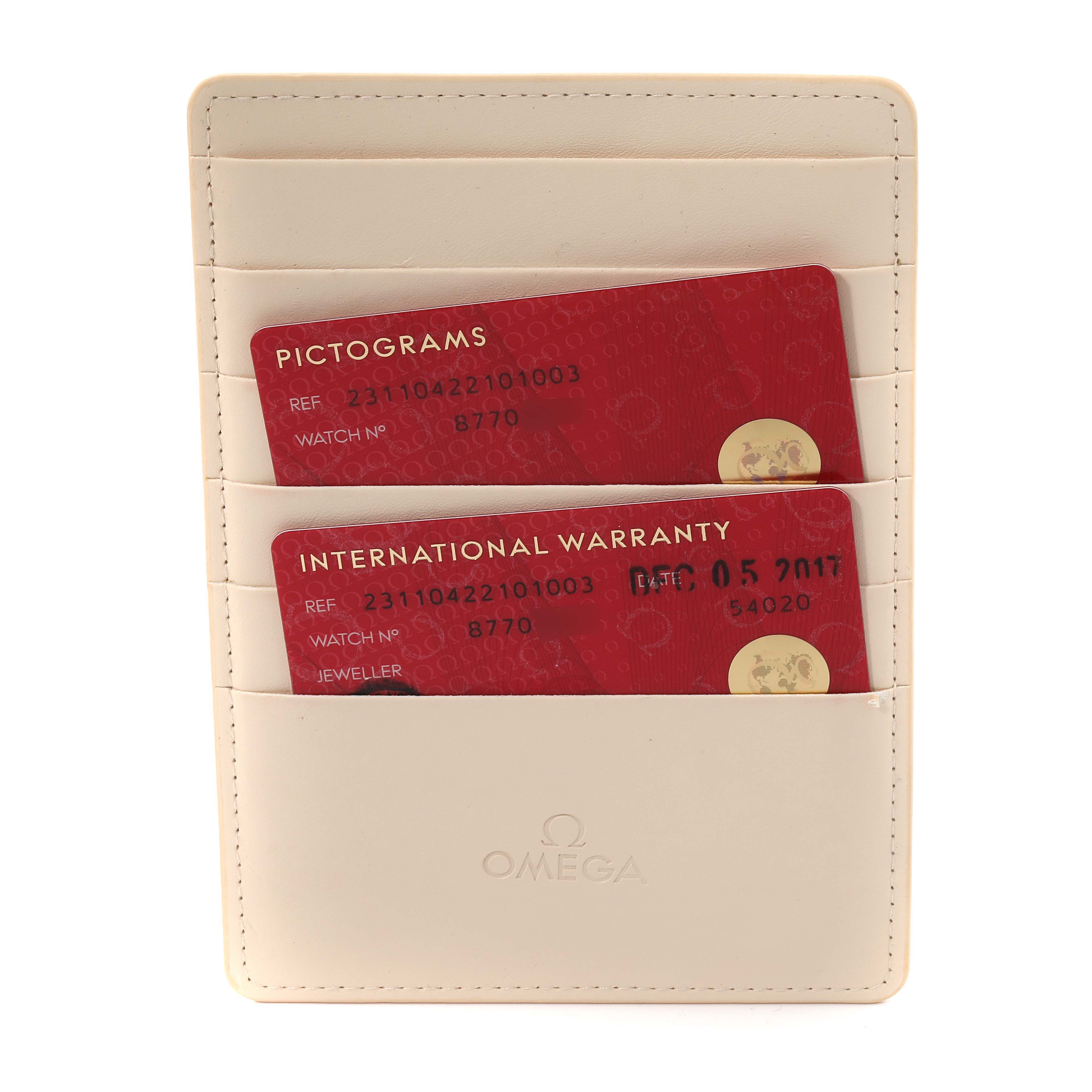 This image shows the warranty and pictogram cards for an Omega Aqua Terra 231.10.42.21.01.003 Men's Stainless Steel Black Dial 231.10.42.21.01.003 Men's Stainless Steel Black Dial watch, displayed in a beige cardholder.