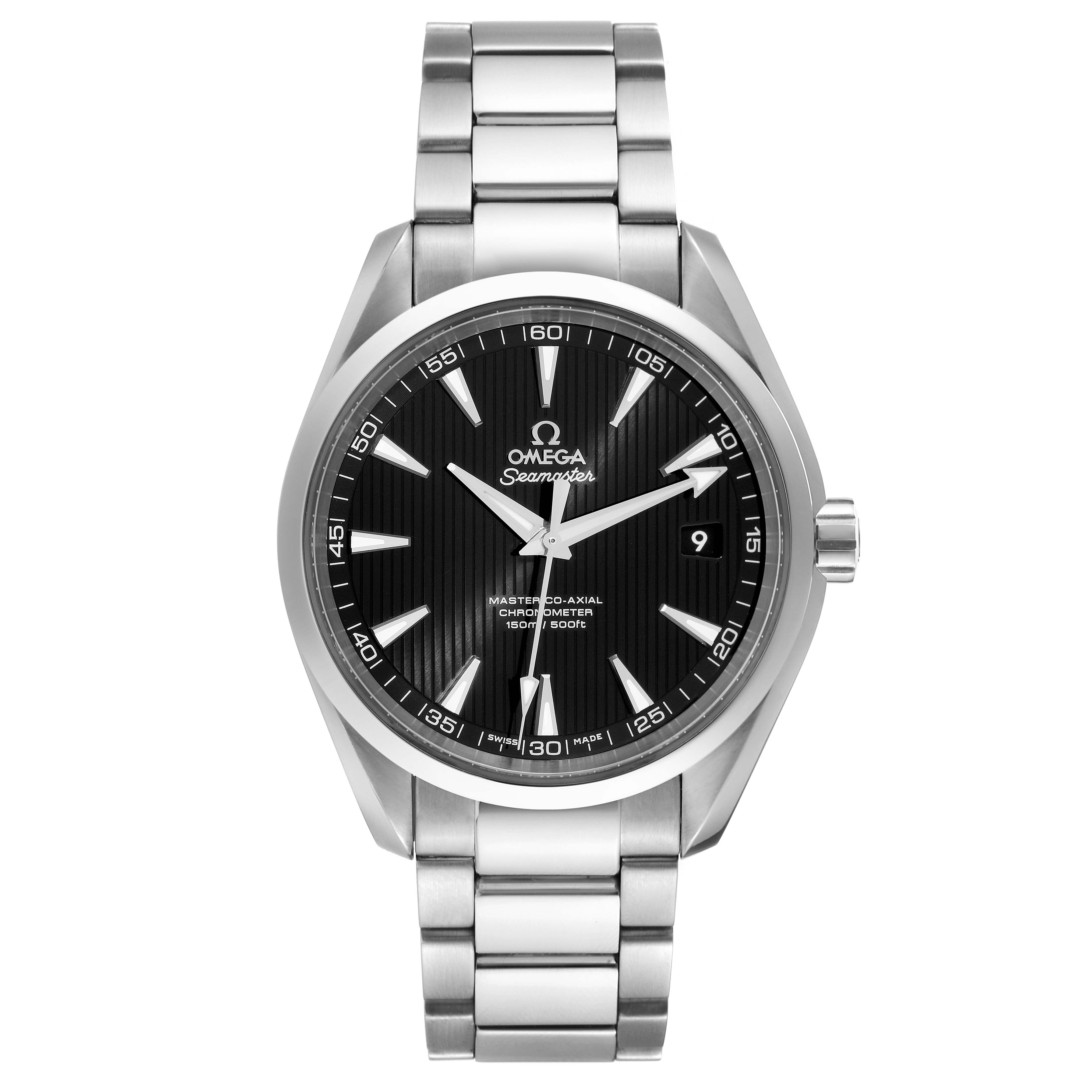 The image shows a front view of an Omega Aqua Terra 231.10.42.21.01.003 Men's Stainless Steel Black Dial 231.10.42.21.01.003 Men's Stainless Steel Black Dial watch, displaying the face, bezel, and bracelet.