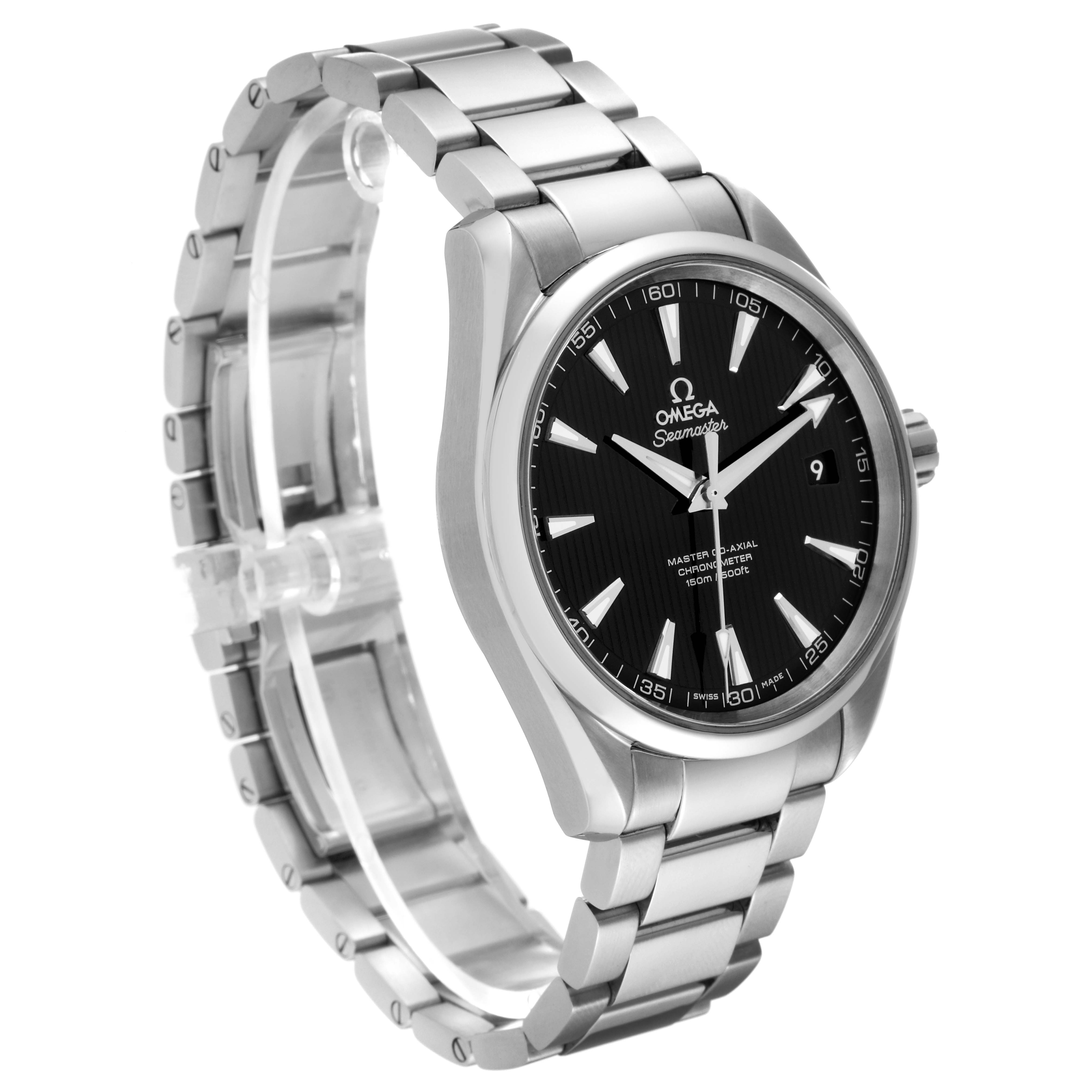 The image shows an angled view of the Omega Aqua Terra 231.10.42.21.01.003 Men's Stainless Steel Black Dial 231.10.42.21.01.003 Men's Stainless Steel Black Dial watch, displaying the dial, bezel, bracelet, and part of the clasp.