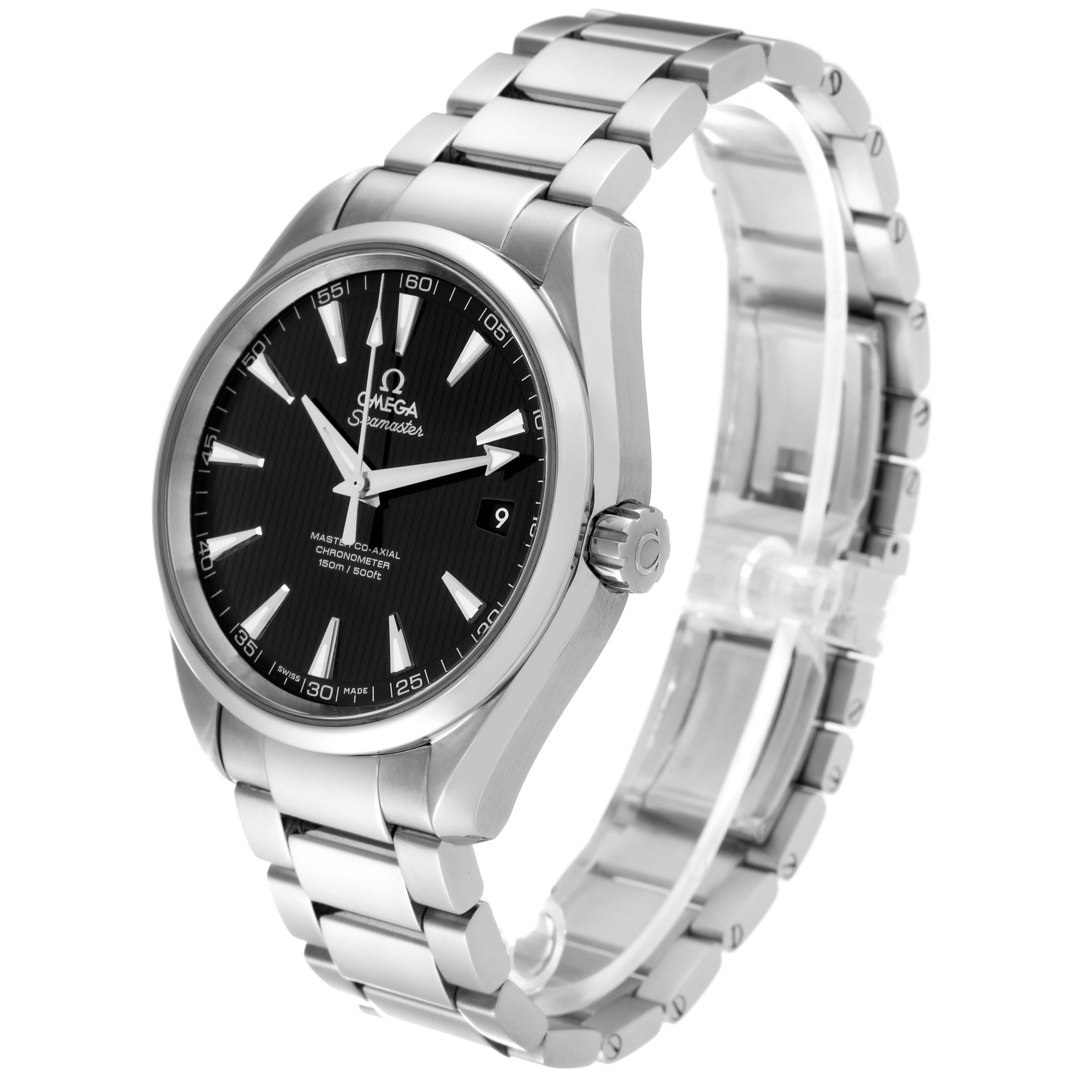 The Omega Aqua Terra 231.10.42.21.01.003 Men's Stainless Steel Black Dial 231.10.42.21.01.003 Men's Stainless Steel Black Dial watch is shown at a slight angle, displaying the face, bezel, crown, and a portion of the bracelet.