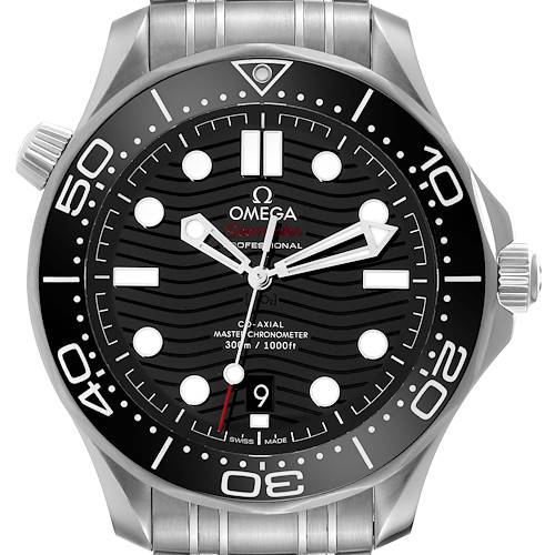 The Omega Seamaster 210.30.42.20.01.001 Men's Stainless Steel Black Dial 210.30.42.20.01.001 Men's Stainless Steel Black Dial watch is shown from the front, highlighting the dial, bezel, hands, markers, and part of the bracelet.