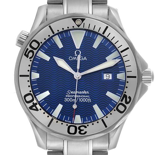 The Omega Seamaster 2265.80.00 Men's Stainless Steel Blue Dial 2265.80.00 Men's Stainless Steel Blue Dial watch is shown from a front angle, highlighting the bezel, dial, hands, and date window.