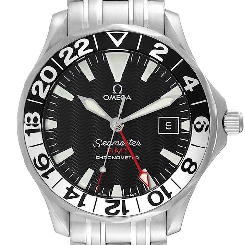The image shows a frontal view of the Omega Seamaster 2534.50.00 Men's Stainless Steel Black Dial 2534.50.00 Men's Stainless Steel Black Dial GMT Chronometer, displaying the dial, hands, date window, and part of the bracelet.