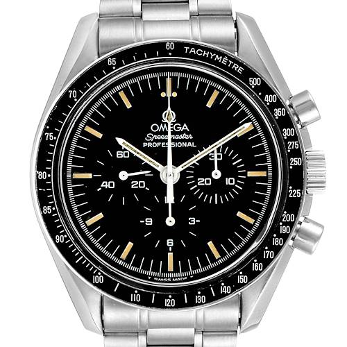 The image shows a frontal view of an Omega Speedmaster 3590.50.00 Men's Stainless Steel Black Dial 3590.50.00 Men's Stainless Steel Black Dial Professional watch, displaying its dial, bezel, and bracelet.