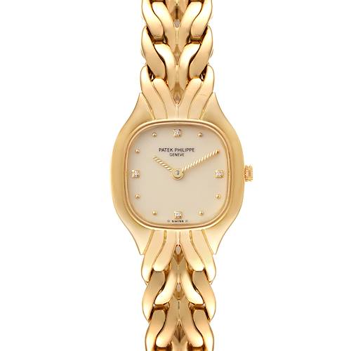 This image shows a frontal view of a Patek Philippe La Flamme  4815/1J Women's Yellow Gold Beige Dial 4815/1J Women's Yellow Gold Beige Dialwatch, highlighting its gold case, dial, and bracelet.