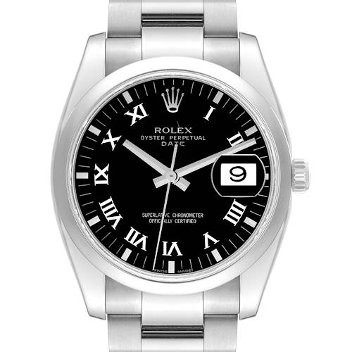 The Rolex Date 115200 Men's Stainless Steel Black Dial 115200 Men's Stainless Steel Black Dial model watch is shown from a front angle, displaying the black dial, Roman numerals, date window, and part of the stainless steel bracelet.