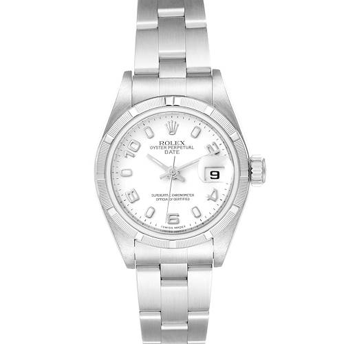 The image shows a frontal view of the Rolex Date 79190 Women's Stainless Steel White Dial 79190 Women's Stainless Steel White Dial watch, displaying its face, bracelet, and crown.