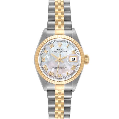 The Rolex Datejust 79173 Women's Steel and Gold (two tone) Mother of Pearl Dial 79173 Women's Steel and Gold (two tone) Mother of Pearl Dial watch is shown from the front, depicting the dial, bezel, crown, and the two-tone bracelet.