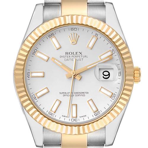 This image shows a close-up of the face and bezel of a Rolex Datejust 41 116333 Men's Steel and Gold (two tone) Silver Dial 116333 Men's Steel and Gold (two tone) Silver Dial watch, highlighting the dial and crown.