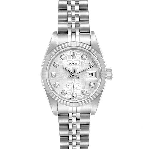The image shows a front view of the Rolex Datejust 79174 Women's Stainless Steel Silver Dial 79174 Women's Stainless Steel Silver Dial watch, displaying its dial, bracelet, and date window.