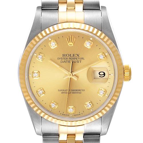 The Rolex Datejust 16233 Men's Steel and Gold (two tone) Champagne Dial 16233 Men's Steel and Gold (two tone) Champagne Dial watch is shown from a front angle, highlighting the dial, bezel, and bracelet.
