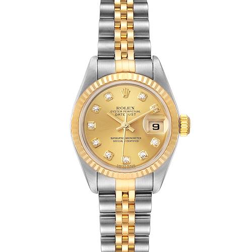 The image shows a front view of a Rolex Datejust 79173 Women's Steel and Gold (two tone) Champagne Dial 79173 Women's Steel and Gold (two tone) Champagne Dial watch, highlighting its gold dial, diamond hour markers, and two-tone bracelet.