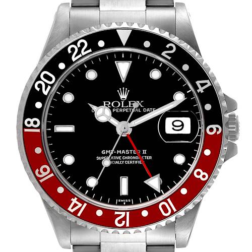 The Rolex GMT-Master 16710 Men's Stainless Steel Black Dial 16710 Men's Stainless Steel Black Dial II watch is shown from the front, displaying the dial, bezel, hands, and a date window.