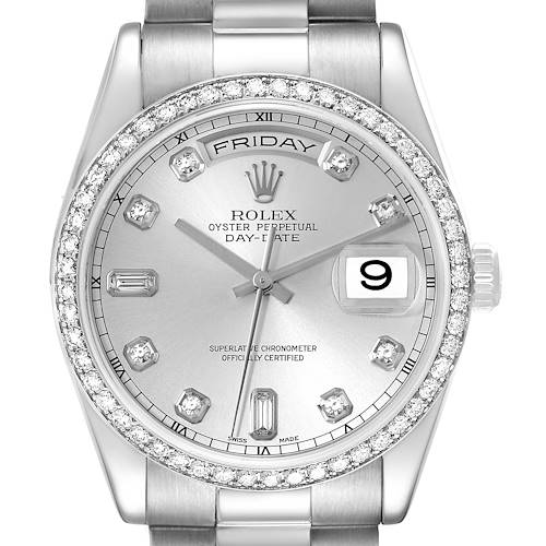 The Rolex President 118346 Men's Platinum Silver Dial 118346 Men's Platinum Silver Dial watch is shown from a front angle, displaying the dial, diamond bezel, and bracelet.