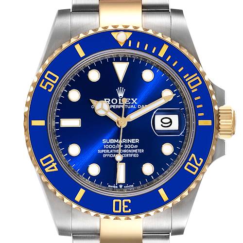 This image shows a front view of the Rolex Submariner 126613 Men's Steel and Gold (two tone) Blue Dial 126613 Men's Steel and Gold (two tone) Blue Dial watch, displaying the dial, bezel, and part of the bracelet.