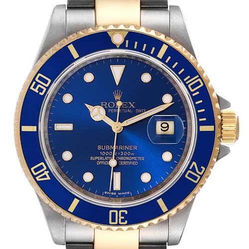 The image shows a front view of a Rolex Submariner 16613 Men's Stainless Steel Blue Dial 16613 Men's Stainless Steel Blue Dial watch, highlighting its blue dial, gold accents, and date window.