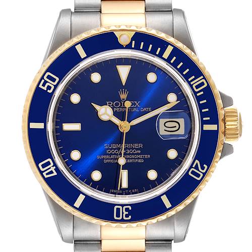 The image shows a front view of the Rolex Submariner 16803 Men's Steel and Gold (two tone) Blue Dial 16803 Men's Steel and Gold (two tone) Blue Dial watch, showcasing its blue dial, gold accents, and date display.