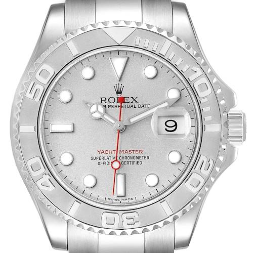 The Rolex Yacht-Master 16622 Men's Platinum Silver Dial 16622 Men's Platinum Silver Dial watch is shown from a front angle, highlighting the dial, bezel, and part of the bracelet.