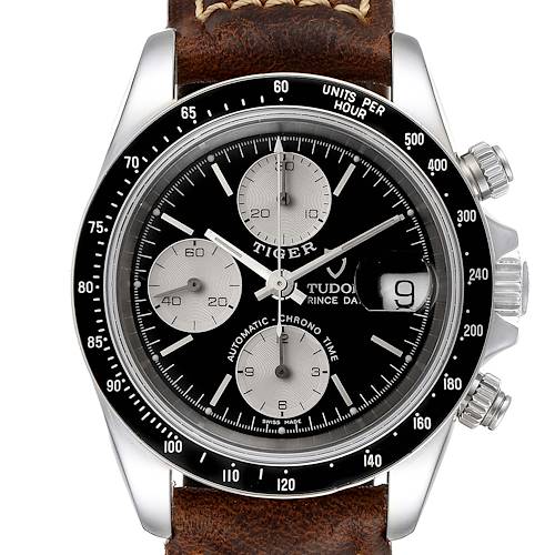 This image shows the front view of the Tudor Tiger 79260 Men's Stainless Steel Black Dial 79260 Men's Stainless Steel Black Dial model watch, highlighting its dial, bezel, and chronograph subdials.